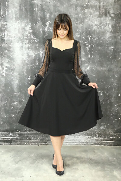 Heart Collar Long Pointed Tulle Sleeve Skirt Flared Black Midi Crepe Dress