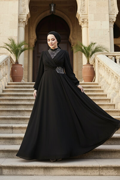 Neva Style Beaded Black Hijab Evening Dress 25882S