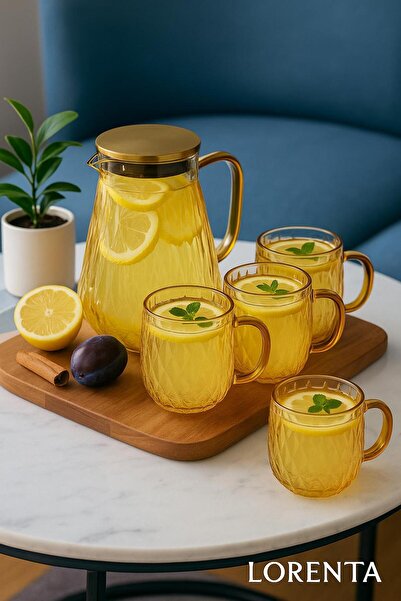 isra kristal Kristal Desenli Bal Renkli Cam Su Takımı – 1 Sürahi + 4 Kulplu B...