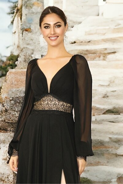 FaBe Fashion Uzun Kollu Dantel Kombinli Siyah Şifon Nişan Söz Abiye Ve Dış Çekim Elbisesi