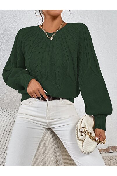 AQE FASHION Saç Örgülü Bisiklet Yaka Italyan Kol Triko Koyu Yeşil Kazak