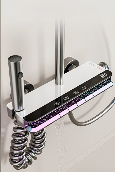 OXYAQUA Star-Dijital Led Göstergeli Piyano Tuşlu Termostatik Banyo Batarya Duş Sistemi Tepe Robot Duş Seti