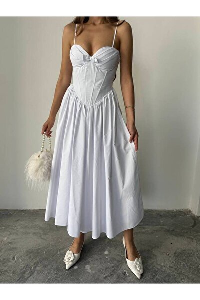 MAXMOOR ROSESA KORSAJ DETAY MİDİ POPLİN BEYAZ ELBİSE