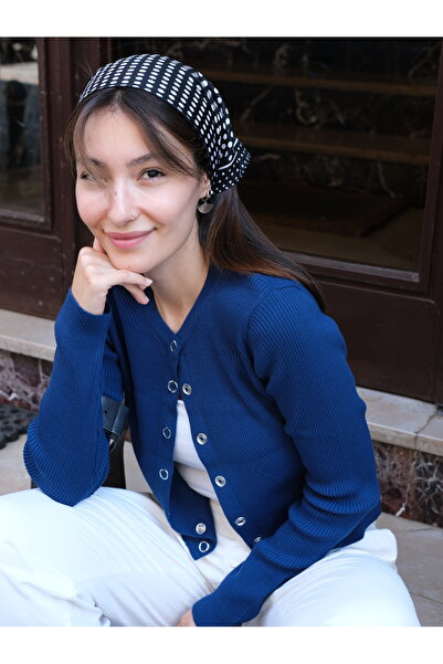 Butik Una Fiaba-Lacivert Çıtçıtlı Uzun Fitilli Örme Kadın Triko Hırka