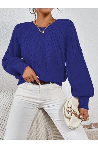 AQE FASHION Pletený pletený svetr s italským rukávem s pleteným výstřihem a výstřihem Sax Modrý svetr