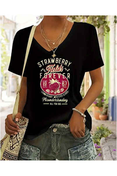 FUFLUNS تي شيرت برقبة على شكل حرف V كبير الحجم مطبوع عليه فراولة