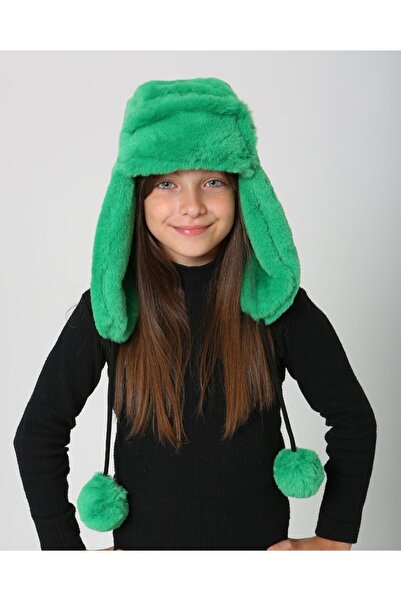 FELLMENS Girl's Green Plush Beret Hat - with Pompom and Fur