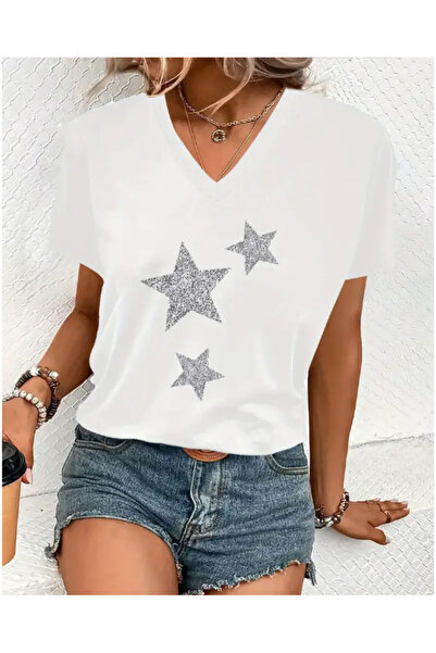FUFLUNS V-Neck Oversize Stars Printed T-Shirt