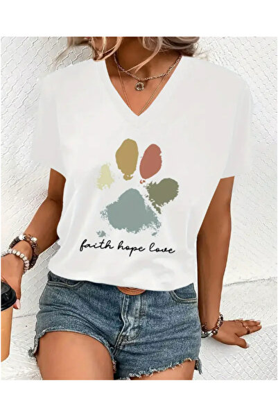 FUFLUNS V-Neck Oversize Faith Hope Love Printed T-Shirt