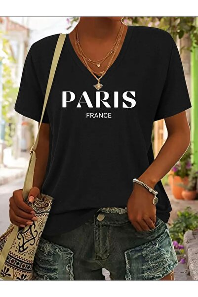 FUFLUNS TRICOU DE DAMĂ OVERSIZE CU GULER ÎN V CU IMPRIMEU PARIS