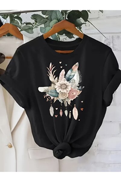 FUFLUNS تي شيرت برقبة دائرية كبيرة الحجم مطبوع عليه زهور