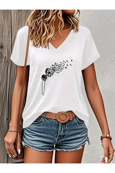 FUFLUNS تي شيرت نسائي كبير الحجم برقبة على شكل حرف V مطبوع عليه KARAHINDIBA