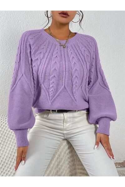 TRQOM Πλεκτά ιταλικού μανικιού λαιμού Crew Πουλόβερ λιλά με πλεξούδες μαλλιών