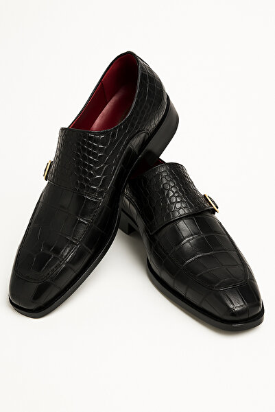 Deriderim Black Crocodile Patterned Double Buckle Genuine Leather Men's Shoes