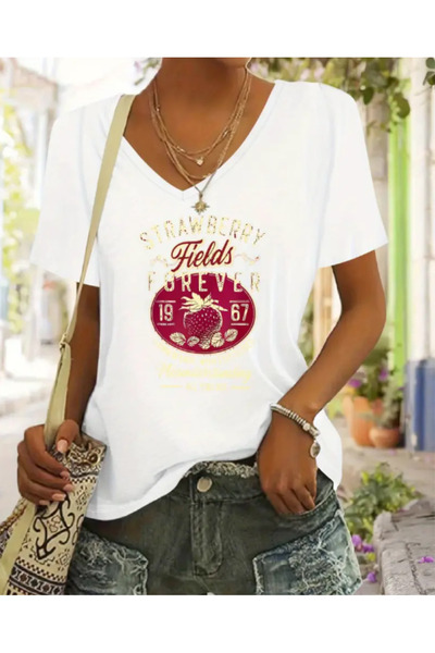 FUFLUNS تي شيرت برقبة على شكل حرف V كبير الحجم مطبوع عليه فراولة