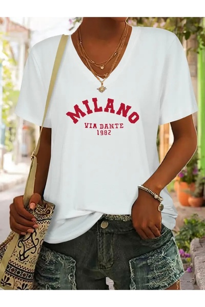 FUFLUNS Milano Printed Women's Oversize V-Neck T-Shirt