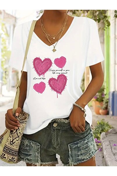 FUFLUNS تي شيرت نسائي كبير الحجم برقبة على شكل حرف V مطبوع عليه قلوب وردية