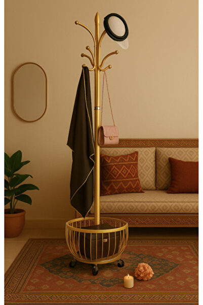 Un Modern gold clothes hanger with bottom storage basket and wheels, length 172 cm