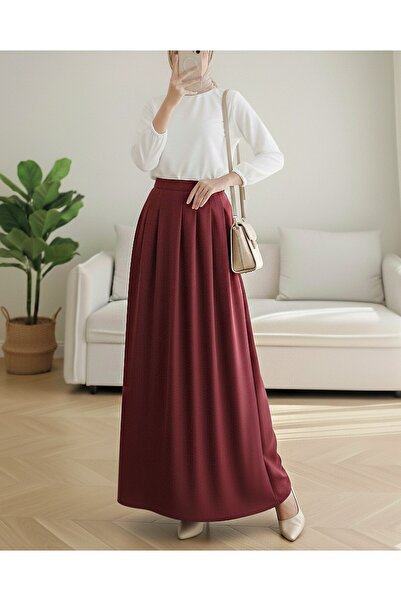 Modamorfo Pleated Crepe Skirt with Zipper Pocket - Burgundy