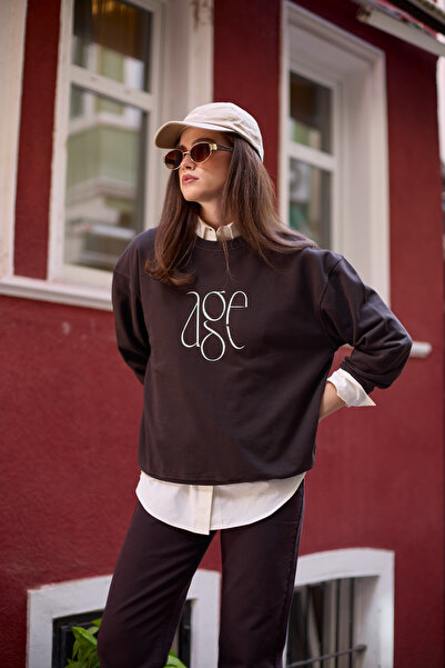 Amia&Co. Битър Кофи Принт Детайлна велосипедна яка Оверсайз суитшърт