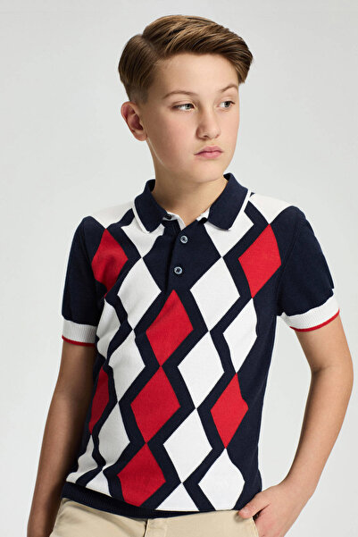 Hemington Navy Blue Red Diamond Pattern Children's Knitwear Polo
