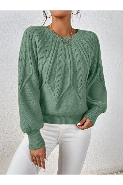 TRQOM Πλεκτή Μπλούζα με Λαιμόκοψη και Πλεξούδες σε Μέντα - Ιταλικό Μανίκι