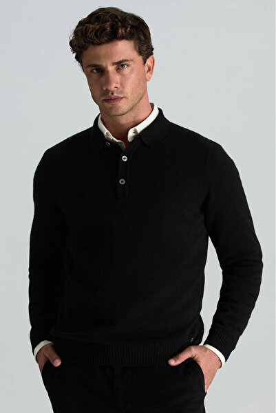 Hemington Polo Yaka Saf Kaşmir Siyah Kazak