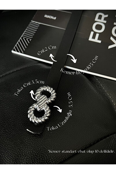 Fiori Burgu Gümüş Tokalı Siyah İnce Kadın Kemeri, Ceket Kemeri, Gömlek Kemeri...