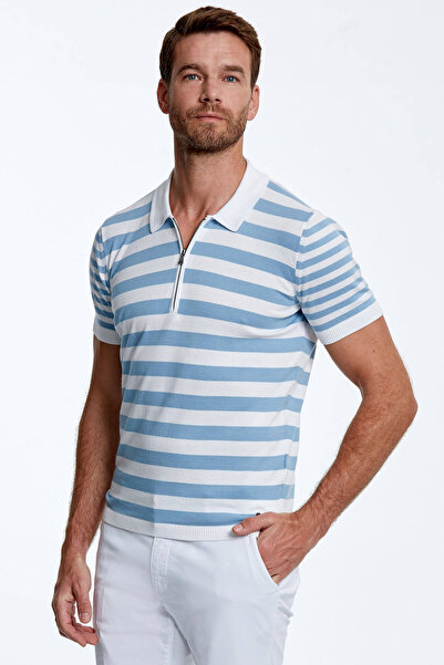 Hemington Fermuar Detaylı Mavi Çizgili Saf Pamuk Triko Polo