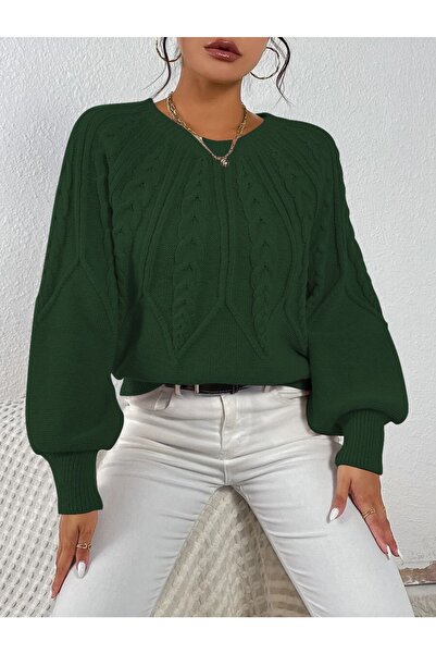 TRQOM Pulover din tricot cu păr verde închis - mânecă italiană