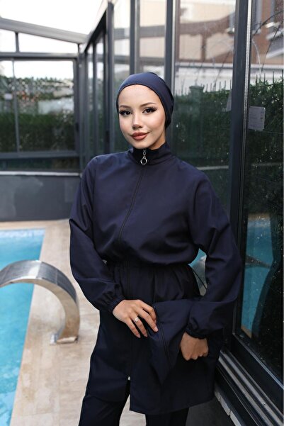 new ats Ats Moda Boydan Fermuarlı 2li Takım Tesettür Mayo Lacivert