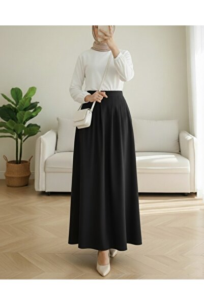 Modamorfo Pleated Crepe Skirt with Zipper Pocket - Black