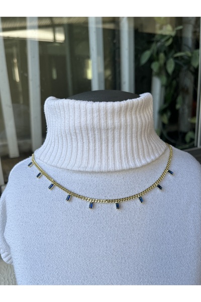 TUĞÇE TURAP 14K Çelik Zincir Kolye Dikdörtgen Taş Detaylı (Mavi veya Siyah Taş Renk Seçenekli)