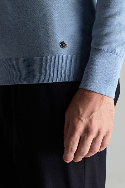 Hemington Gök Mavisi Boğazlı Slim Fit Merino Yün Triko