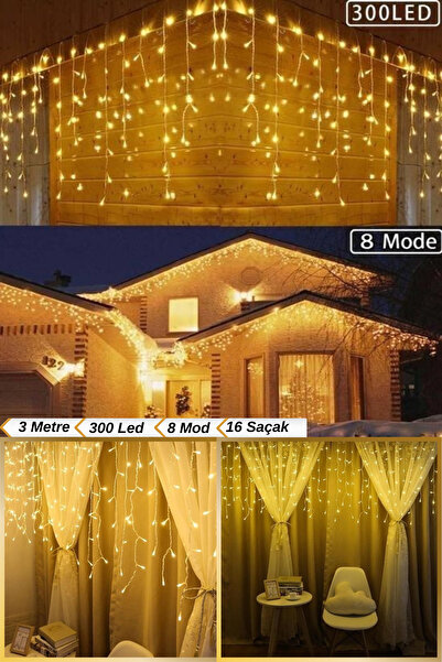 Hane Dostu 300 Led Işık 16 Saçak 8 Fonksiyon 3 Metre Günışığı Şerit Perde Ayd...