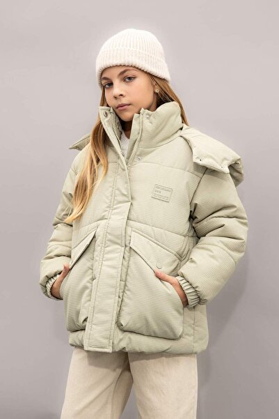 DeFacto Dfc - Girl's Water Repellent Hooded Windproof Ribbed Sleeve Puffer Jacket with Pocket Detail
