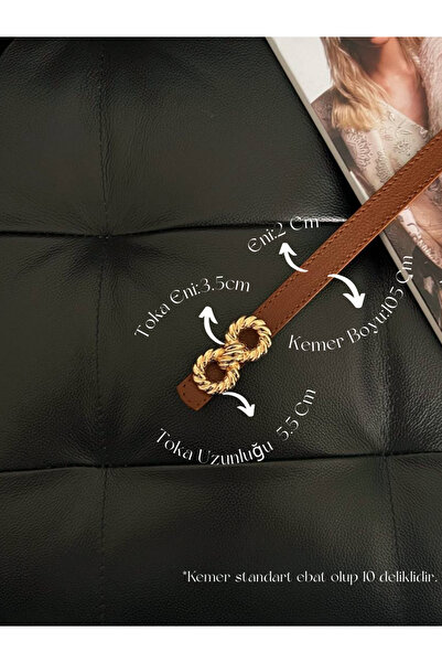 Fiori حزام نسائي رفيع بلون أسمر - إبزيم ذهبي ملتوي، للمعطفات والقمصان واللباس