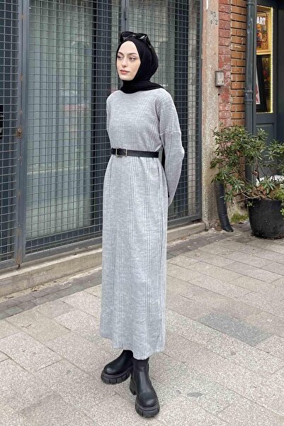 lamelif Gray Ribbed Knitwear Long Dress