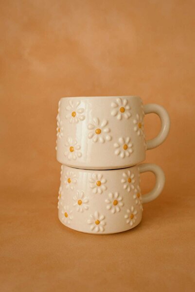 zeybek Seramik El Yapımı Sarı Papatya Desenli 2'li Hediyelik Kupa Bardak