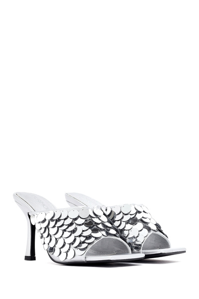 Derimod Γυναικείες παντόφλες με ασημί παγιέτες με λεπτό τακούνι 25SFE451414