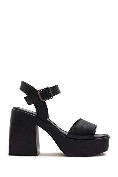 Derimod Women's Black Ankle Buckle Platform Thick High Thick Heeled Leather Sandals 25Sfd131418