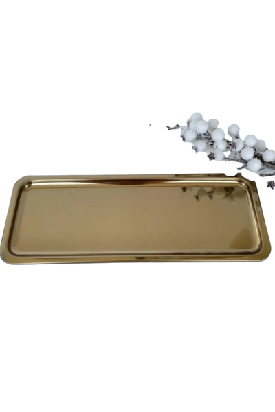 Kitchen Design Lab Paslanmaz Çelik Gold Renk Dikdörtgen Dar Metal Düz Sunum Tepsisi Çay Kahve Tatlı Sunum 6 Adet