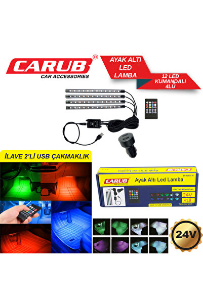 GUMUSONLINE Usb Girişli 12 ledli 12/24 volt uyumlu Ayak Altı Led Kumandalı Araç Içi Aydınlatma 4 Lü Sese Duyarlı