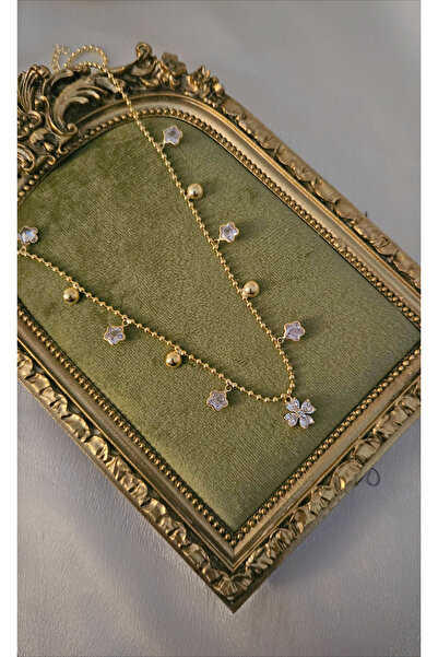 m mavi deniz accesories Lüks 14 Ayar Altın Görünümlü Taşlı Çiçek Detaylı Kadı...