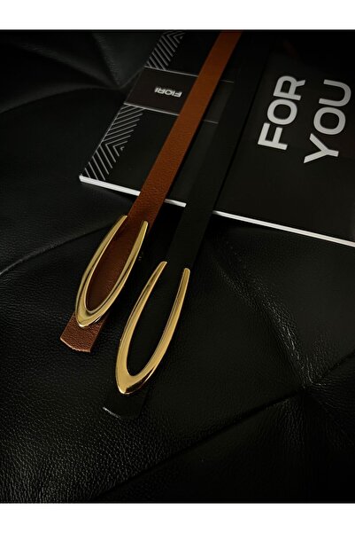 Fiori 2'li Fırsat Ürünü Uzun Gold Tokalı Ince Kadın Kemeri, Ceket Kemeri, Gömlek Kemeri, Elbise Kemeri