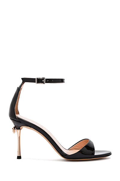 Derimod Women's Black Ankle Strap High Thin Heeled Patent Leather Shoes 25Sfd 120216