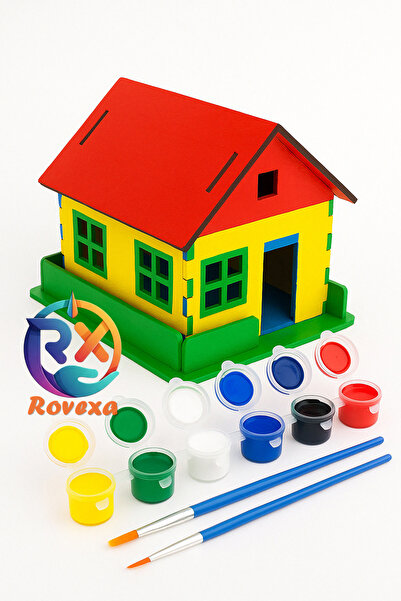 Rovexa Ahşap Oyuncak Ev Boyama Seti, Ahşap Boyama Evi, Ahşap Oyuncak Yapboz Ev