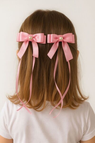 Gunessa Pink Ribbon Bow Clip-On Buckle Set of 2 Handmade with Pearl Detail