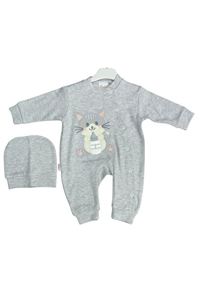 GİRL EMELY Baby Jumpsuit with Hat 100% Cotton Cat Embroidered Solid Color