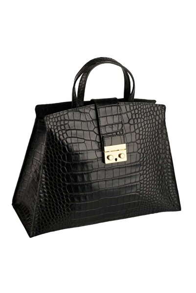 AZZURA Geanta Amira din piele 100% naturala cu textura croco negru 8222